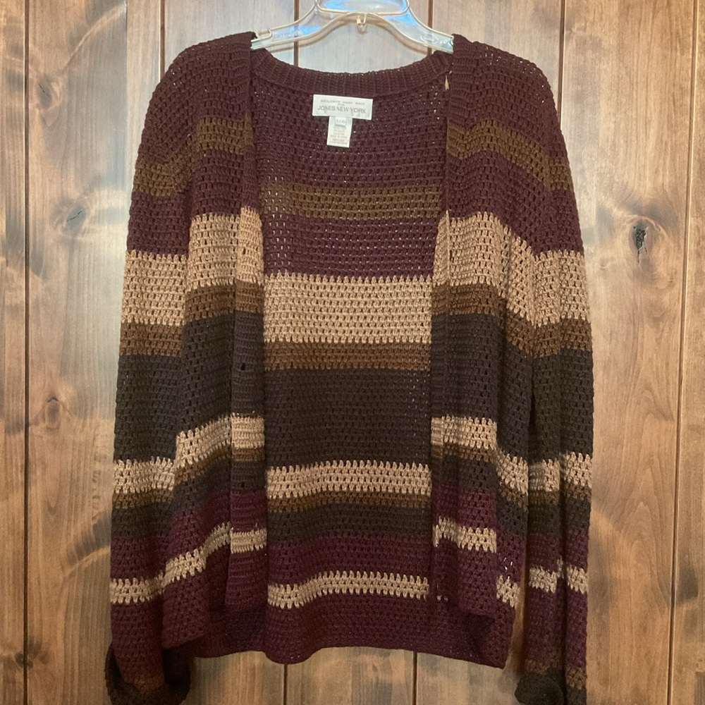 Jones New York Women's Multi-Striped Cardigan - Burgundy, Brown, Tan
